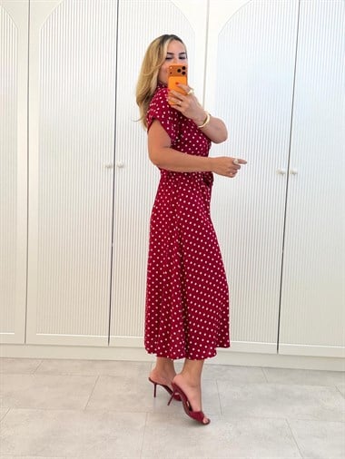 9491 Bordo Düşük Kol Puantiye Elbise