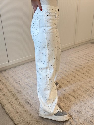 9251 Ekru Taşlı Jean Pantolon