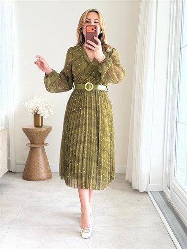 9089 Olive Puantiye Kemerli Şifon Elbise