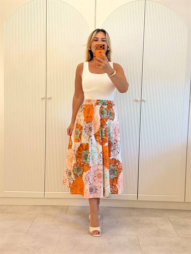 9624 Orange Desenli Midi Etek