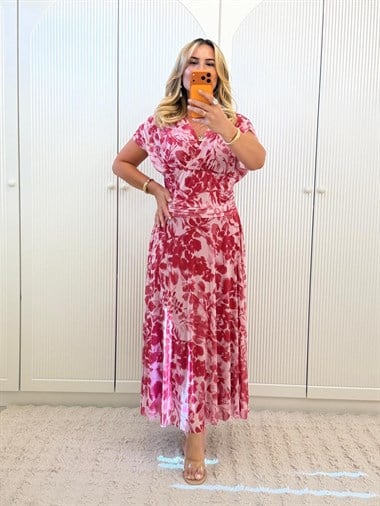 9430 Pembe Premium Drapeli Tül Elbise