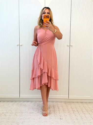 9442 Pembe Premium Kruvaze Volanlı Şifon Elbise