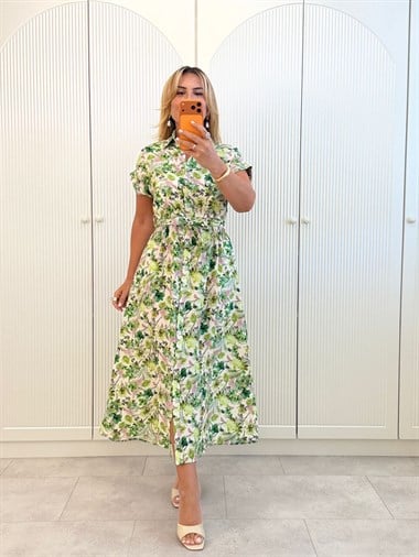 9514 Yeşil Çiçek Bel Lastikli Gömlek Elbise