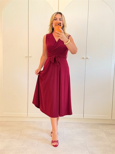 9525 Bordo Kuşaklı Kruvaze Elbise