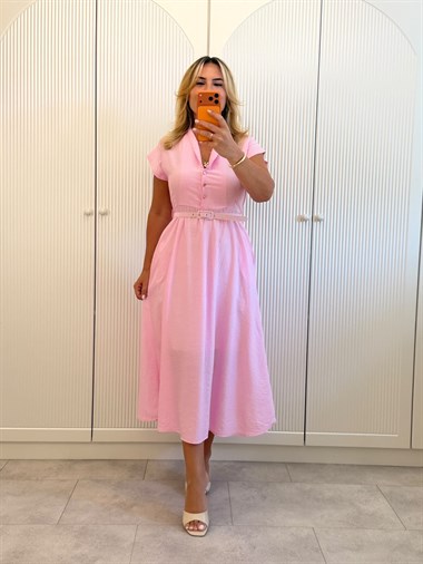 9576 Pembe Hakim Yaka Kemerli Elbise