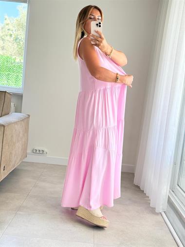 8417 Pembe Bisiklet Yaka Katlı Maxi Elbise