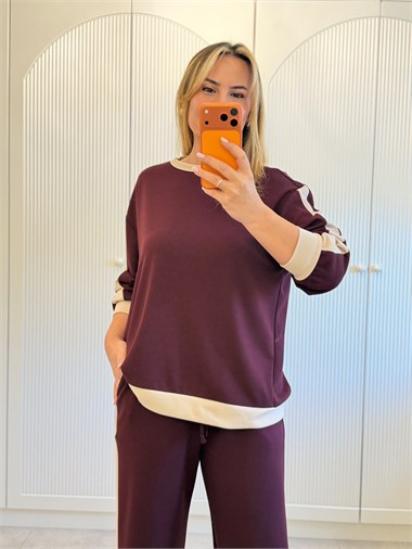 9787 Bordo Bej Şeritli Takım