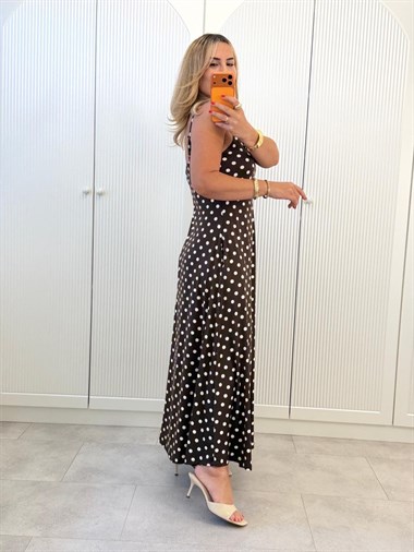 9462 Kahve İp Askılı Puantiye Elbise