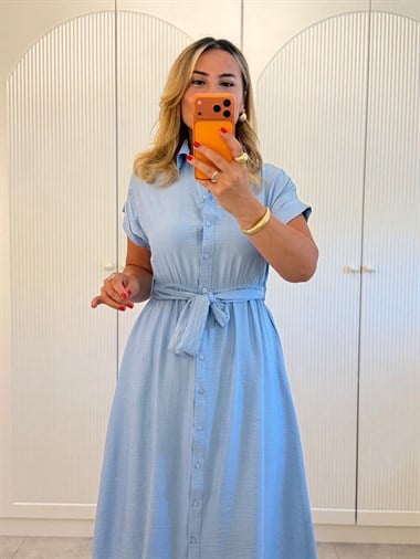9482 Bebe Mavi Kuşaklı Gömlek Elbise