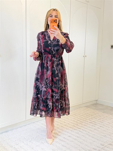 9163 Bordo Astarlı Midi Şifon Elbise
