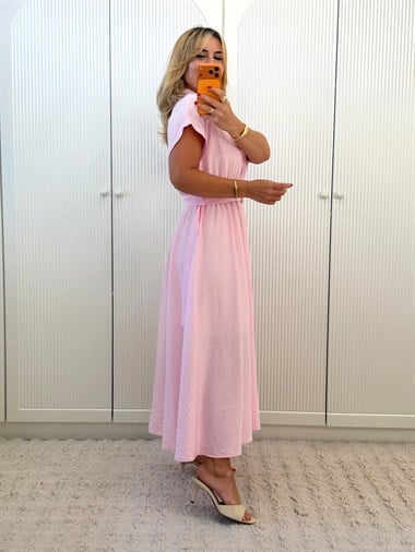 9439 Pembe Gold Toka Detay Gömlek Elbise