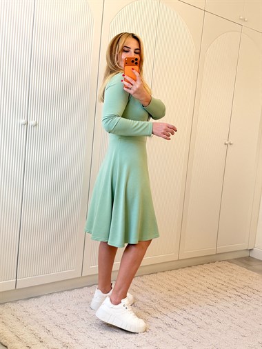 9179 Mint Bisiklet Yaka Fermuarlı Midi Elbise