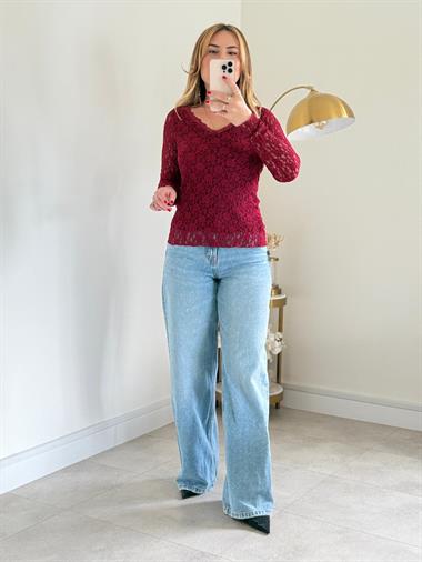 7363 Bordo V Yaka Dantel Bluz