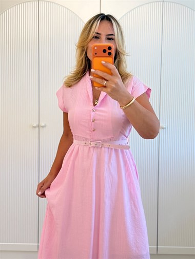 9576 Pembe Hakim Yaka Kemerli Elbise