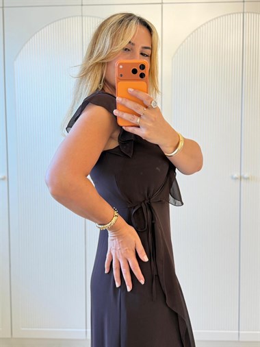 9418 Kahve Premium Kruvaze Volanlı Sifon Elbise