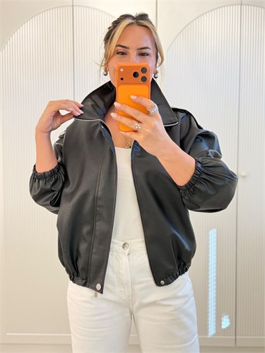 9805 Siyah Suni Deri Bomber Ceket