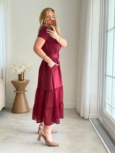 9038 Bordo V Yaka Kemerli Elbise
