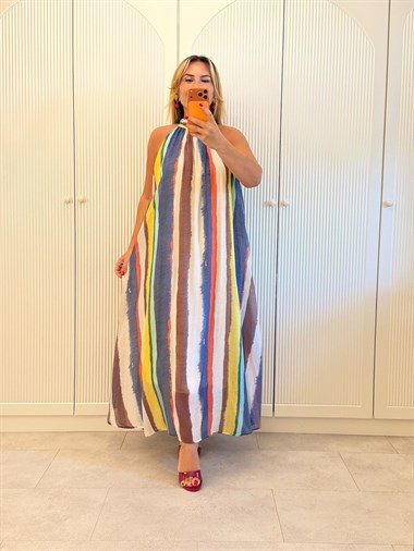 9619 Renk Bloklu Halter Yaka Elbise
