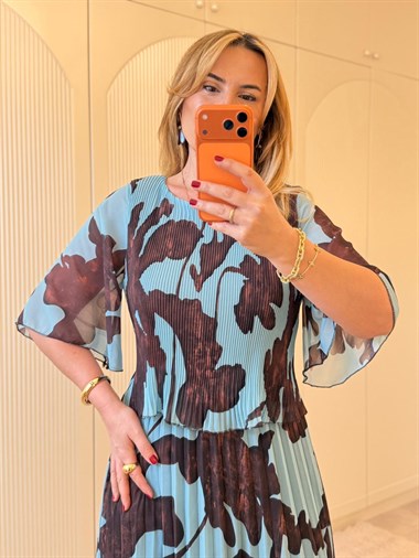 9262 Kahve Desenli Yarasa Kol Premium Elbise