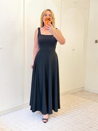 9273 Siyah Kare Yaka  Elbise