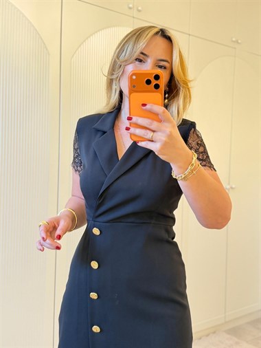 9256 Siyah Garnili Premium Kruvaze Dantel Elbise