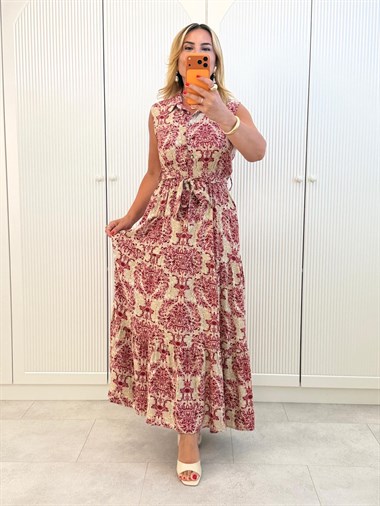 9492 Bordo Desenli Kolsuz Maxi Elbise