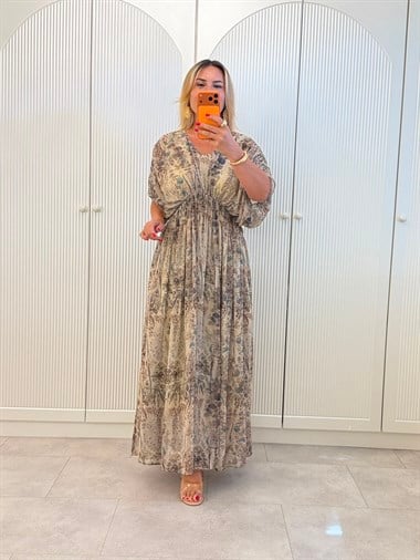 9635 Yeşil Bel Gipeli Şifon Elbise