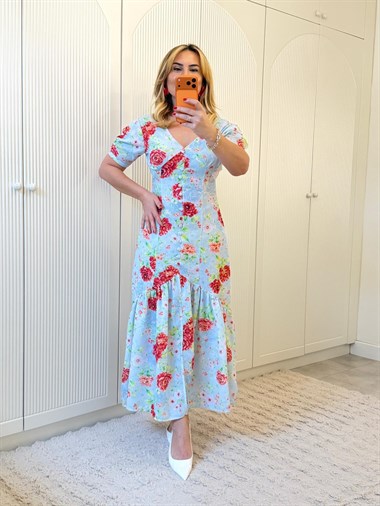9299 Bebe Mavi Gül Desen Elbise