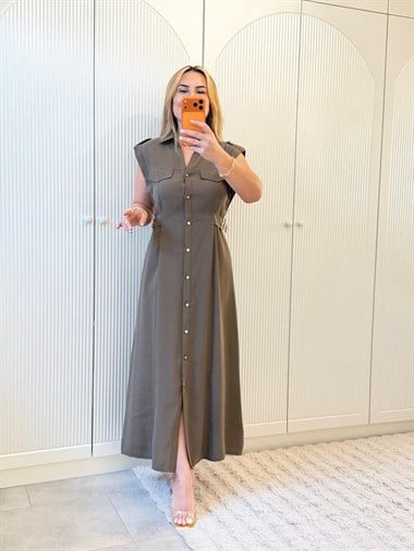 9143 Haki Yandan Tokalı Elbise