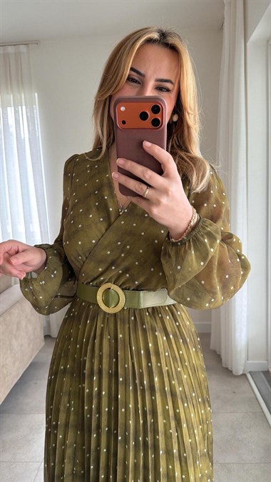 9089 Olive Puantiye Kemerli Şifon Elbise