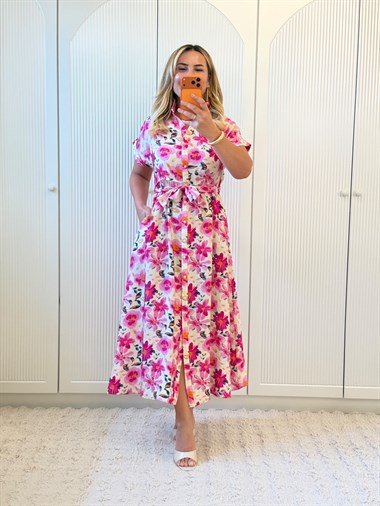 9406 Ekru Pembe Desen Gömlek Elbise