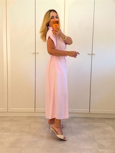 9484 Pembe Kuşaklı Gömlek Elbise