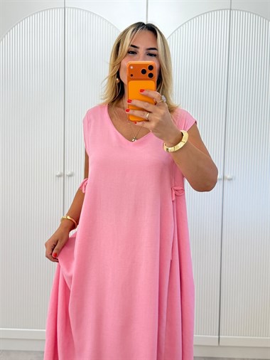 9534 Pembe Fiyonk Detay Keten Elbise