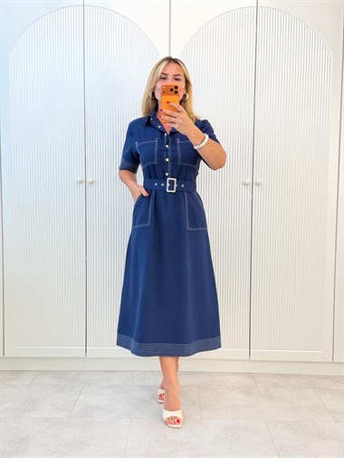 9469 Lacivert Çitçıtlı Kemerli Elbise