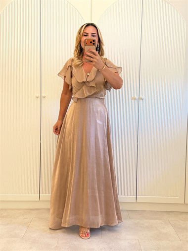 9537 Vizon Premium Volanlı Organze Elbise