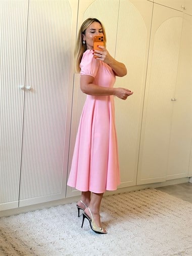 9371 Şeker Pembe Taşlı Premium Elbise