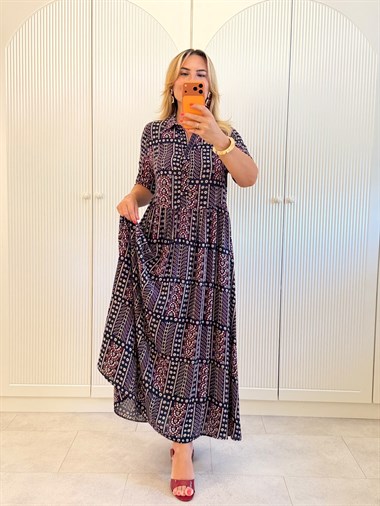 9522 Lacivert Yarım Patlı Premium Elbise