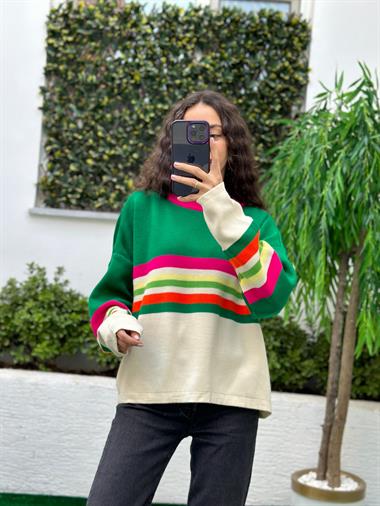 3388 Yeşil Çizgili Renkli Kazak