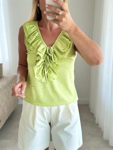 8376 Fıstık Yeşili Ön Bağcıklı Volanlı Bluz