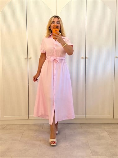 9484 Pembe Kuşaklı Gömlek Elbise