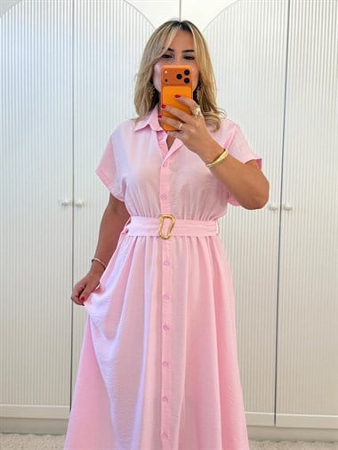 9439 Pembe Gold Toka Detay Gömlek Elbise