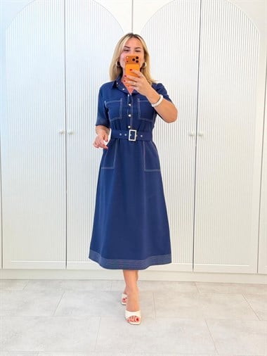 9469 Lacivert Çitçıtlı Kemerli Elbise