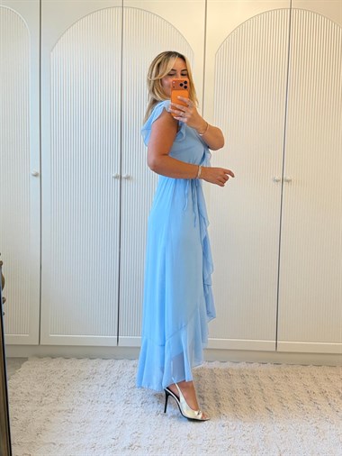 9417 Bebe Mavi Premium Kruvaze Volanlı Sifon Elbise