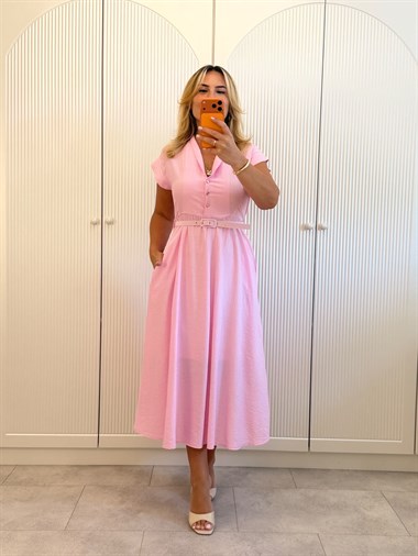 9576 Pembe Hakim Yaka Kemerli Elbise