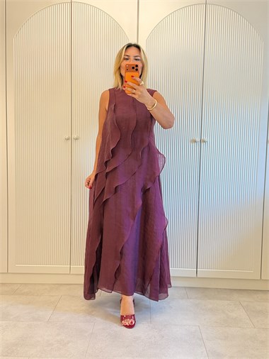 9642 Bordo Valon  Detay Kolsuz Elbise