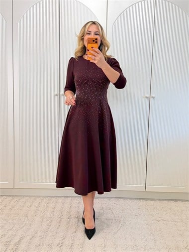 9896 Bordo Premium Taş Baskı Detay Double Elbise