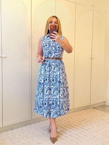 9281 Deri Kemerli Mavi Desen Elbise