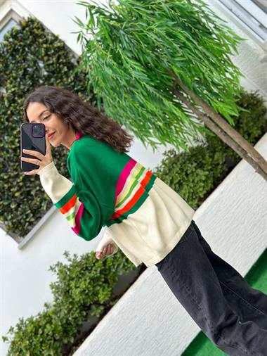 3388 Yeşil Çizgili Renkli Kazak