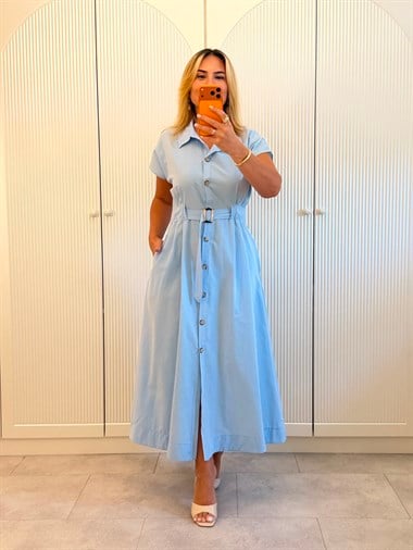 9590 Bebe Mavi Kemerli Gömlek Elbise