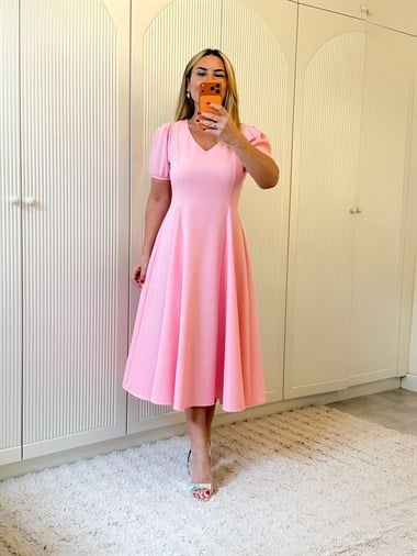 9371 Şeker Pembe Taşlı Premium Elbise